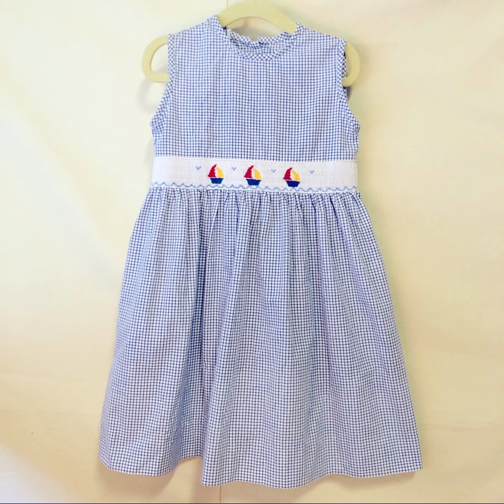Boutique Blue & White Gingham Check Smocked Sailboat Summer Dress - Size 4T